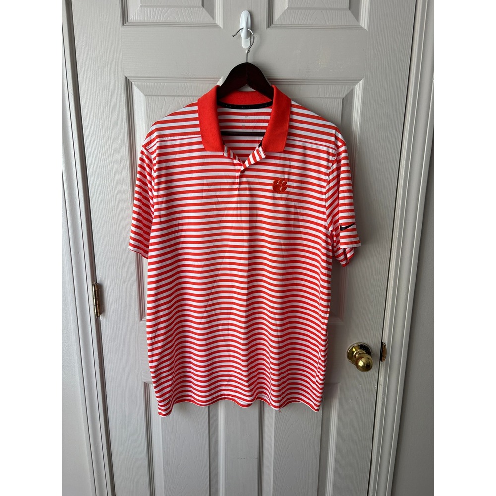 Nike Polo Shirt Mens XL Orange Clemson Tigers Dri-FIT Striped Golf 891853-891
